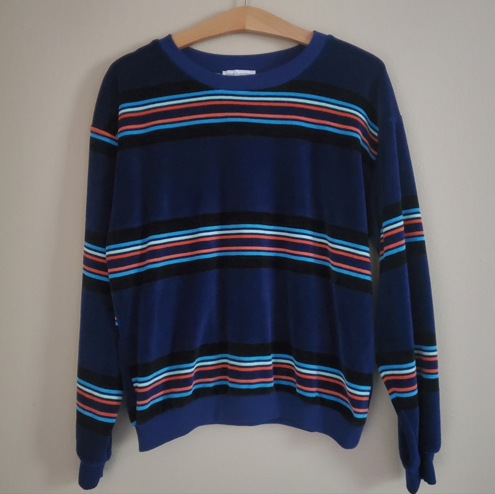 URBAN OUTFITTERS NWT Blue Striped Velvet Velour Crewneck Sweater Women's SZ L